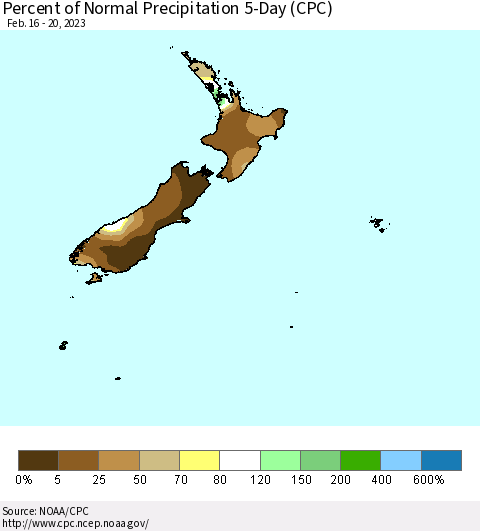 New Zealand Percent of Normal Precipitation 5-Day (CPC) Thematic Map For 2/16/2023 - 2/20/2023