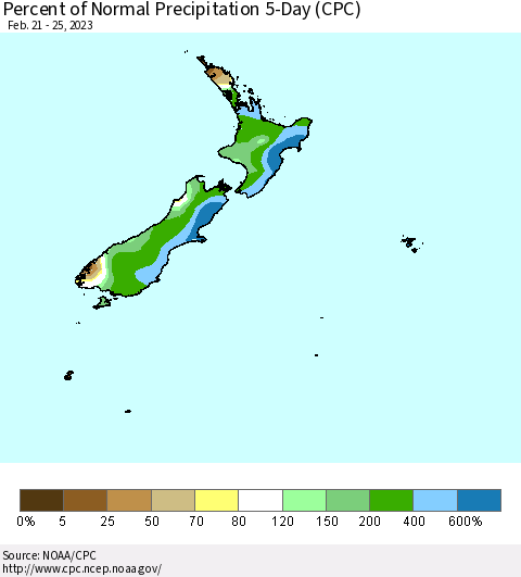 New Zealand Percent of Normal Precipitation 5-Day (CPC) Thematic Map For 2/21/2023 - 2/25/2023