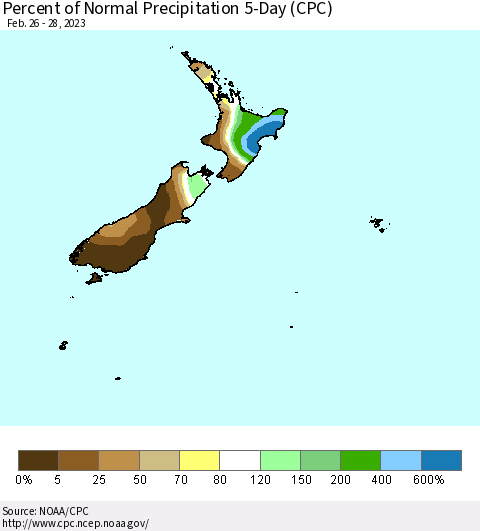 New Zealand Percent of Normal Precipitation 5-Day (CPC) Thematic Map For 2/26/2023 - 2/28/2023