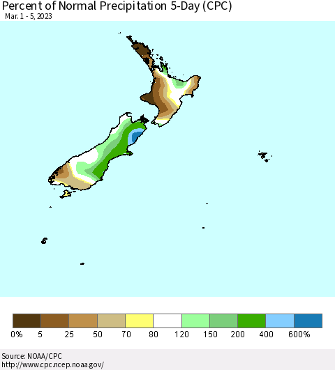 New Zealand Percent of Normal Precipitation 5-Day (CPC) Thematic Map For 3/1/2023 - 3/5/2023