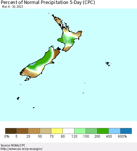 New Zealand Percent of Normal Precipitation 5-Day (CPC) Thematic Map For 3/6/2023 - 3/10/2023