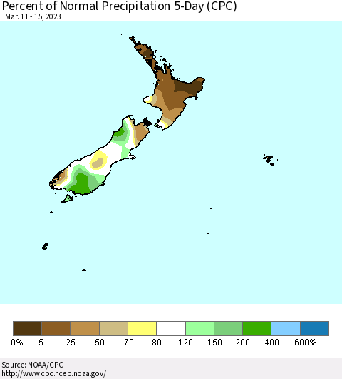 New Zealand Percent of Normal Precipitation 5-Day (CPC) Thematic Map For 3/11/2023 - 3/15/2023