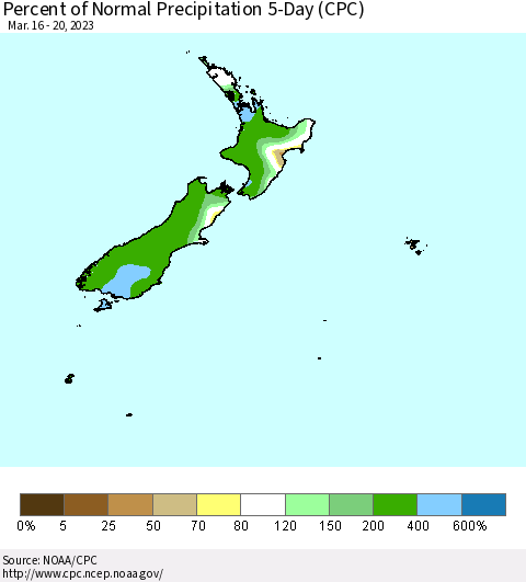New Zealand Percent of Normal Precipitation 5-Day (CPC) Thematic Map For 3/16/2023 - 3/20/2023