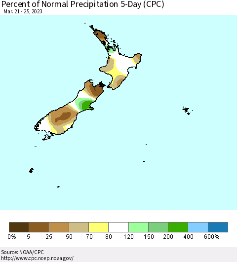New Zealand Percent of Normal Precipitation 5-Day (CPC) Thematic Map For 3/21/2023 - 3/25/2023