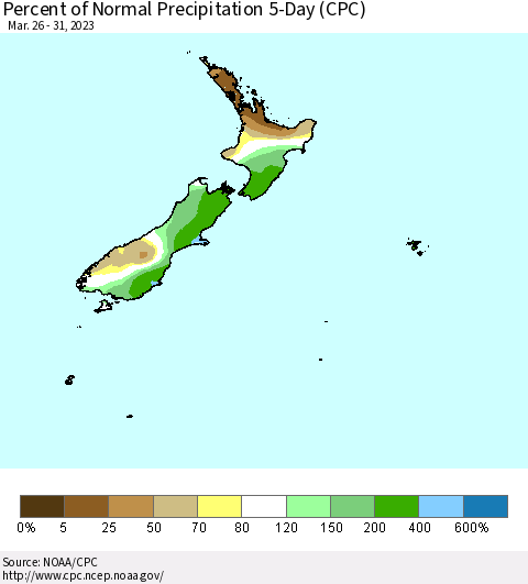 New Zealand Percent of Normal Precipitation 5-Day (CPC) Thematic Map For 3/26/2023 - 3/31/2023