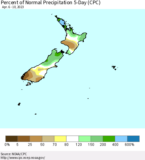 New Zealand Percent of Normal Precipitation 5-Day (CPC) Thematic Map For 4/6/2023 - 4/10/2023