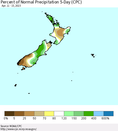New Zealand Percent of Normal Precipitation 5-Day (CPC) Thematic Map For 4/11/2023 - 4/15/2023
