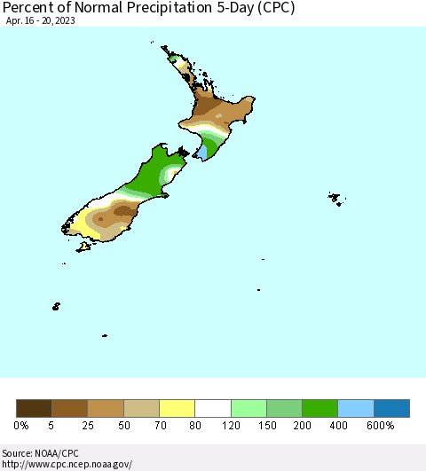 New Zealand Percent of Normal Precipitation 5-Day (CPC) Thematic Map For 4/16/2023 - 4/20/2023