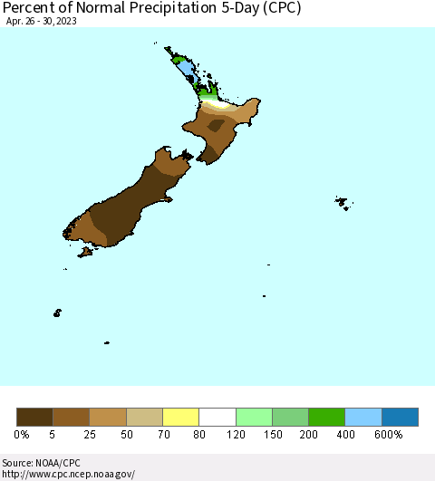 New Zealand Percent of Normal Precipitation 5-Day (CPC) Thematic Map For 4/26/2023 - 4/30/2023