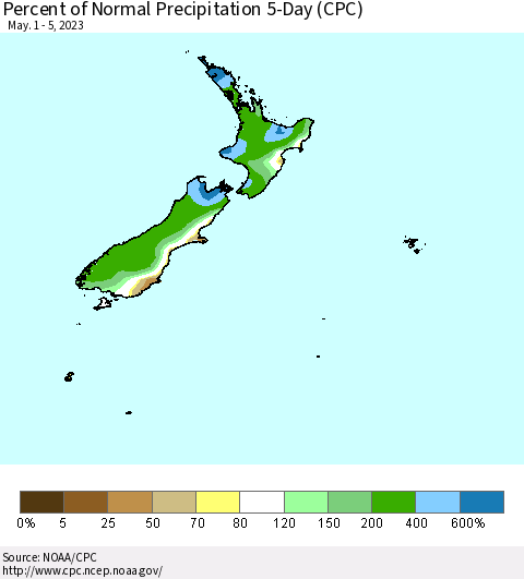 New Zealand Percent of Normal Precipitation 5-Day (CPC) Thematic Map For 5/1/2023 - 5/5/2023