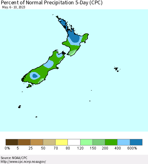 New Zealand Percent of Normal Precipitation 5-Day (CPC) Thematic Map For 5/6/2023 - 5/10/2023