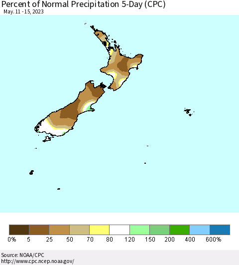 New Zealand Percent of Normal Precipitation 5-Day (CPC) Thematic Map For 5/11/2023 - 5/15/2023