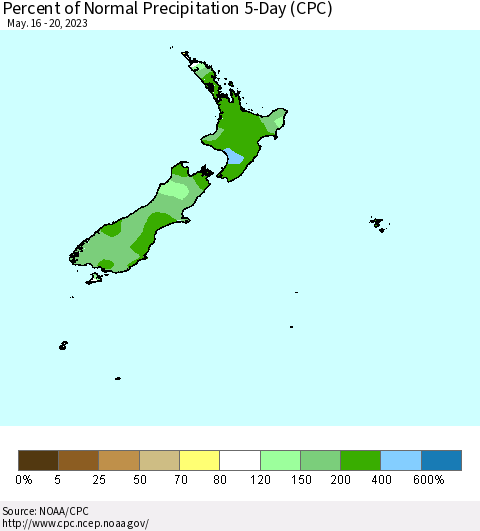 New Zealand Percent of Normal Precipitation 5-Day (CPC) Thematic Map For 5/16/2023 - 5/20/2023