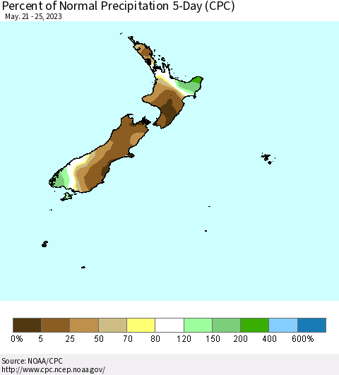 New Zealand Percent of Normal Precipitation 5-Day (CPC) Thematic Map For 5/21/2023 - 5/25/2023