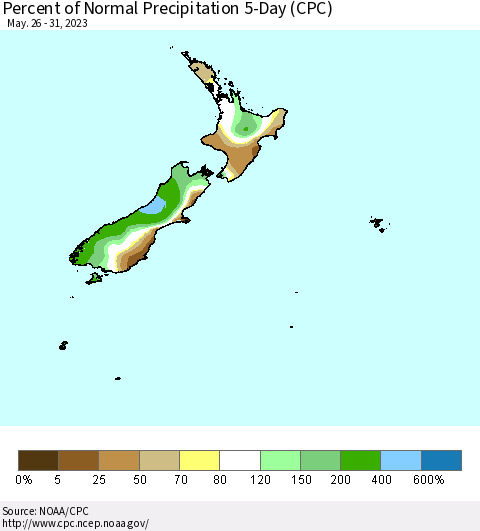 New Zealand Percent of Normal Precipitation 5-Day (CPC) Thematic Map For 5/26/2023 - 5/31/2023