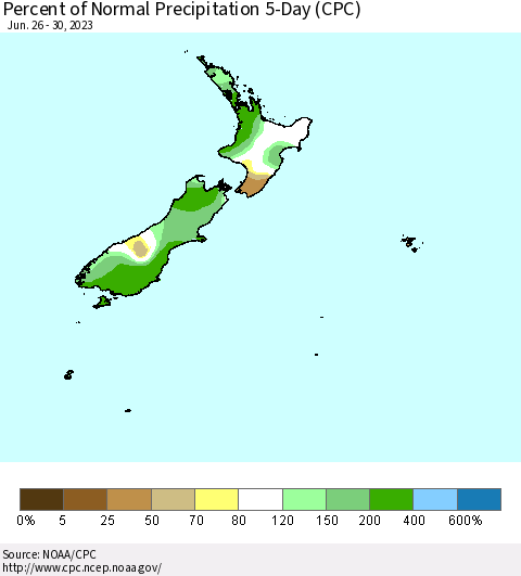 New Zealand Percent of Normal Precipitation 5-Day (CPC) Thematic Map For 6/26/2023 - 6/30/2023