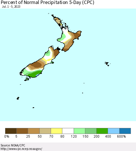 New Zealand Percent of Normal Precipitation 5-Day (CPC) Thematic Map For 7/1/2023 - 7/5/2023