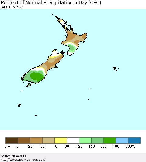 New Zealand Percent of Normal Precipitation 5-Day (CPC) Thematic Map For 8/1/2023 - 8/5/2023