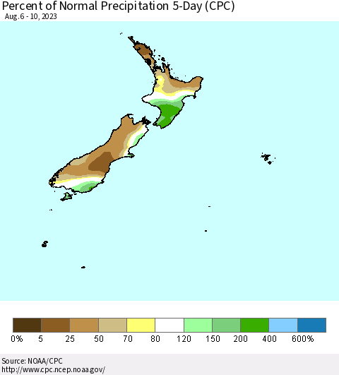 New Zealand Percent of Normal Precipitation 5-Day (CPC) Thematic Map For 8/6/2023 - 8/10/2023