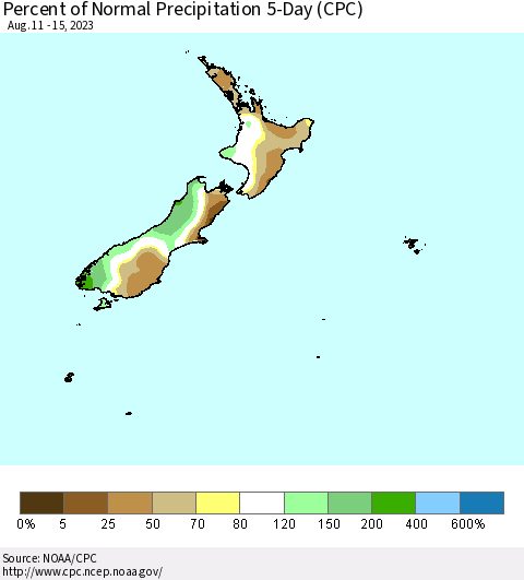 New Zealand Percent of Normal Precipitation 5-Day (CPC) Thematic Map For 8/11/2023 - 8/15/2023