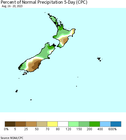 New Zealand Percent of Normal Precipitation 5-Day (CPC) Thematic Map For 8/16/2023 - 8/20/2023