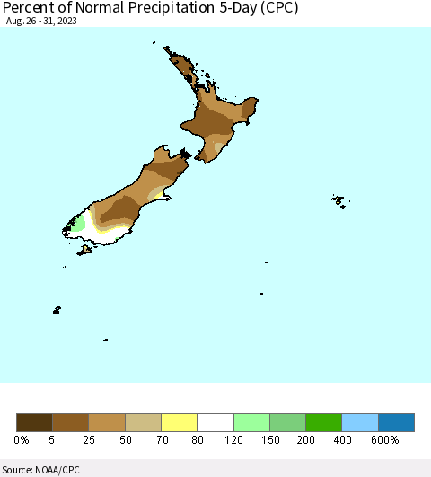 New Zealand Percent of Normal Precipitation 5-Day (CPC) Thematic Map For 8/26/2023 - 8/31/2023