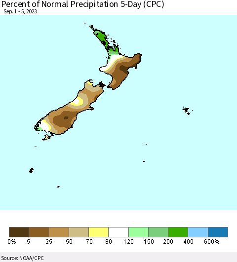 New Zealand Percent of Normal Precipitation 5-Day (CPC) Thematic Map For 9/1/2023 - 9/5/2023