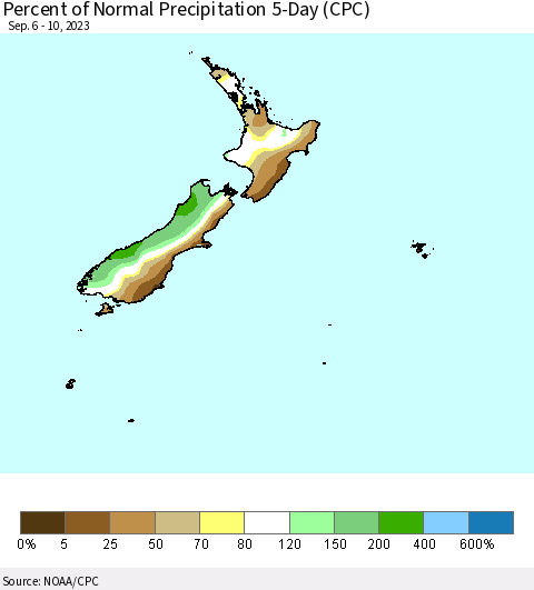 New Zealand Percent of Normal Precipitation 5-Day (CPC) Thematic Map For 9/6/2023 - 9/10/2023