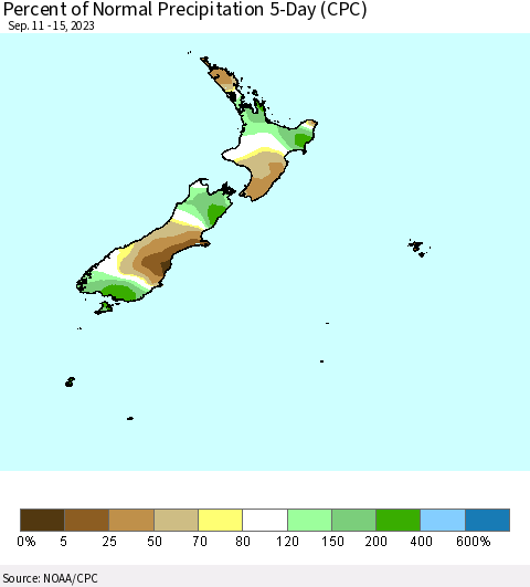 New Zealand Percent of Normal Precipitation 5-Day (CPC) Thematic Map For 9/11/2023 - 9/15/2023