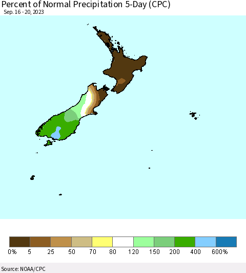 New Zealand Percent of Normal Precipitation 5-Day (CPC) Thematic Map For 9/16/2023 - 9/20/2023