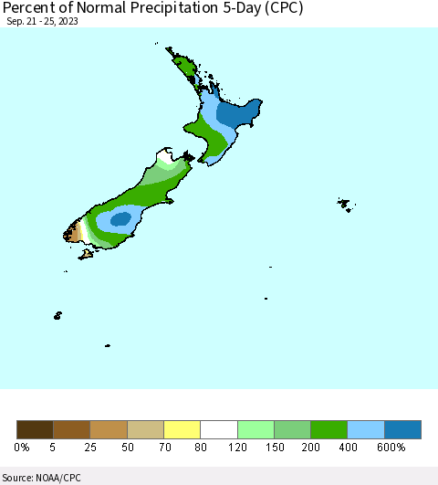 New Zealand Percent of Normal Precipitation 5-Day (CPC) Thematic Map For 9/21/2023 - 9/25/2023