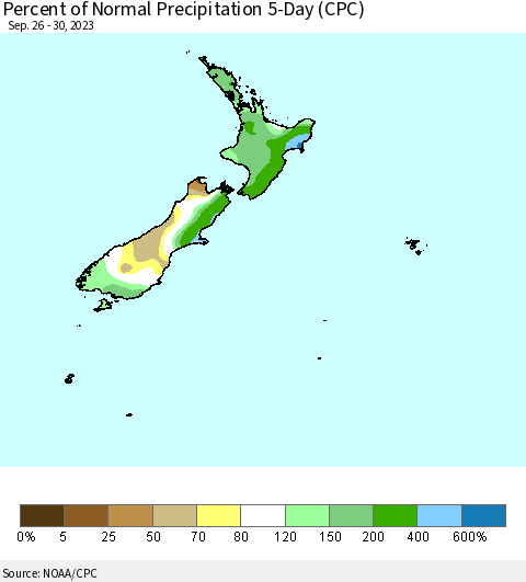 New Zealand Percent of Normal Precipitation 5-Day (CPC) Thematic Map For 9/26/2023 - 9/30/2023
