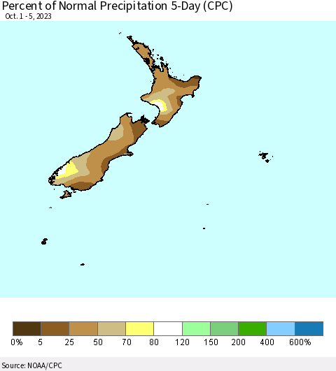 New Zealand Percent of Normal Precipitation 5-Day (CPC) Thematic Map For 10/1/2023 - 10/5/2023
