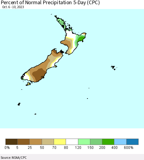 New Zealand Percent of Normal Precipitation 5-Day (CPC) Thematic Map For 10/6/2023 - 10/10/2023