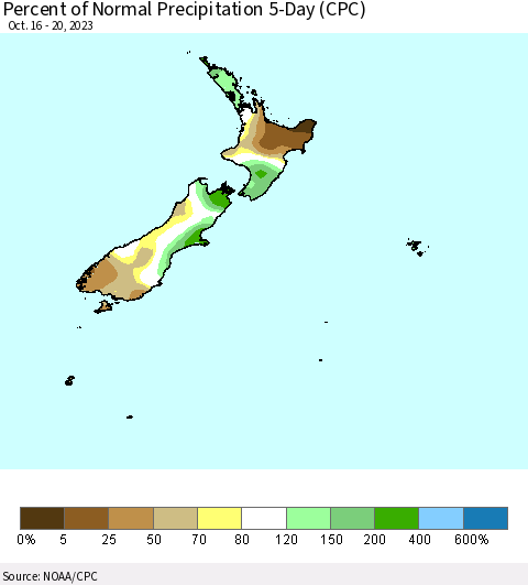 New Zealand Percent of Normal Precipitation 5-Day (CPC) Thematic Map For 10/16/2023 - 10/20/2023