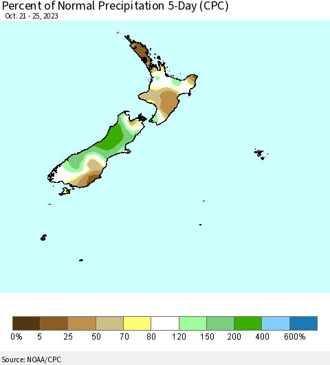 New Zealand Percent of Normal Precipitation 5-Day (CPC) Thematic Map For 10/21/2023 - 10/25/2023