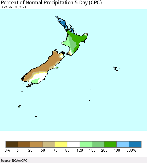 New Zealand Percent of Normal Precipitation 5-Day (CPC) Thematic Map For 10/26/2023 - 10/31/2023
