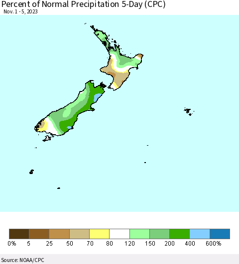 New Zealand Percent of Normal Precipitation 5-Day (CPC) Thematic Map For 11/1/2023 - 11/5/2023