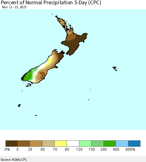 New Zealand Percent of Normal Precipitation 5-Day (CPC) Thematic Map For 11/11/2023 - 11/15/2023