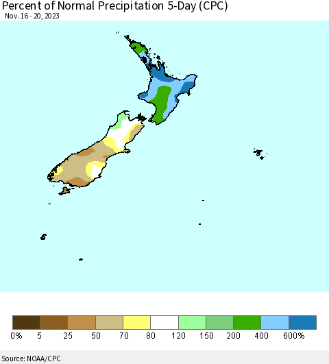 New Zealand Percent of Normal Precipitation 5-Day (CPC) Thematic Map For 11/16/2023 - 11/20/2023
