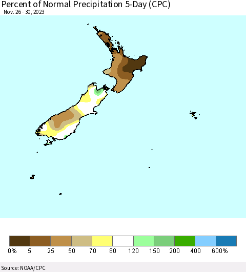 New Zealand Percent of Normal Precipitation 5-Day (CPC) Thematic Map For 11/26/2023 - 11/30/2023