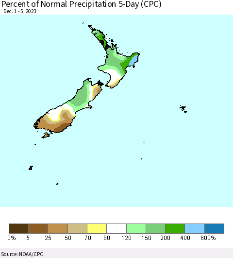 New Zealand Percent of Normal Precipitation 5-Day (CPC) Thematic Map For 12/1/2023 - 12/5/2023