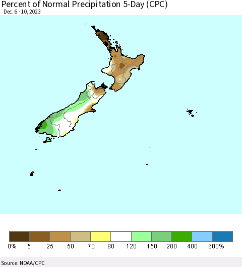 New Zealand Percent of Normal Precipitation 5-Day (CPC) Thematic Map For 12/6/2023 - 12/10/2023