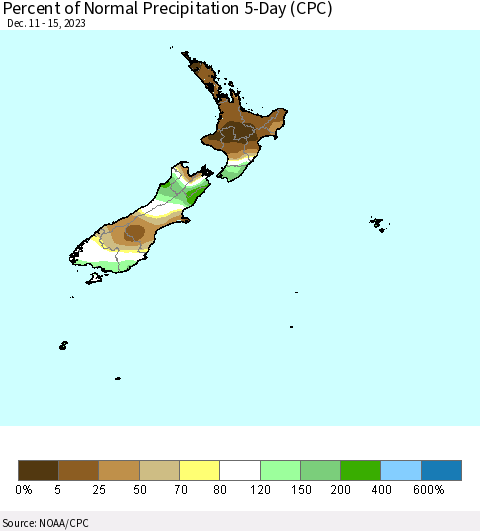 New Zealand Percent of Normal Precipitation 5-Day (CPC) Thematic Map For 12/11/2023 - 12/15/2023