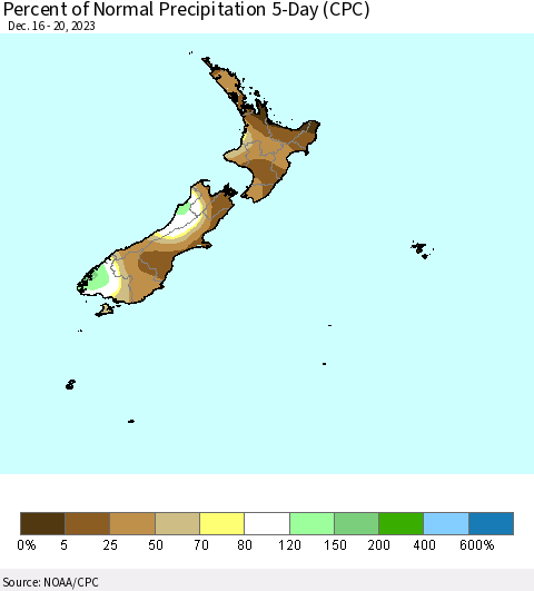New Zealand Percent of Normal Precipitation 5-Day (CPC) Thematic Map For 12/16/2023 - 12/20/2023