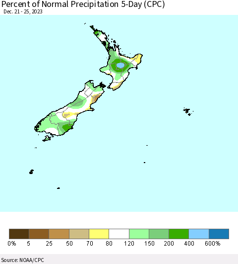 New Zealand Percent of Normal Precipitation 5-Day (CPC) Thematic Map For 12/21/2023 - 12/25/2023