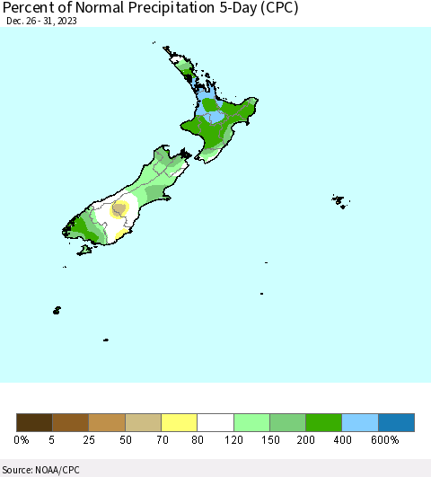 New Zealand Percent of Normal Precipitation 5-Day (CPC) Thematic Map For 12/26/2023 - 12/31/2023