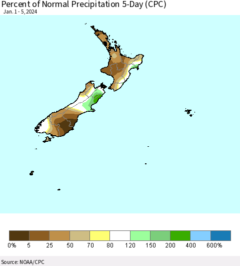 New Zealand Percent of Normal Precipitation 5-Day (CPC) Thematic Map For 1/1/2024 - 1/5/2024