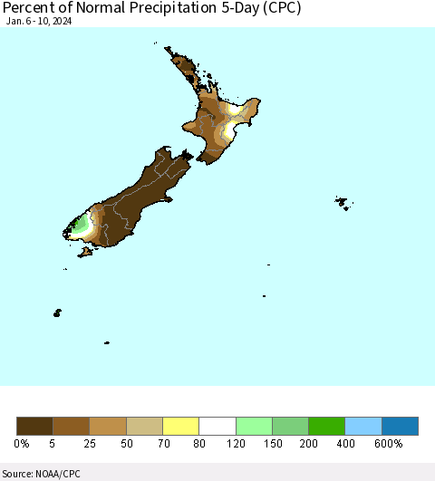 New Zealand Percent of Normal Precipitation 5-Day (CPC) Thematic Map For 1/6/2024 - 1/10/2024