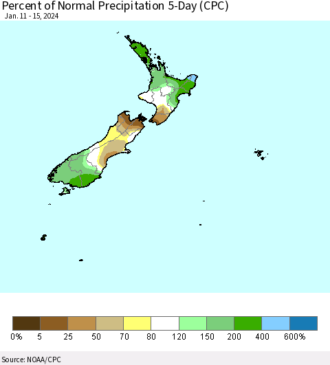 New Zealand Percent of Normal Precipitation 5-Day (CPC) Thematic Map For 1/11/2024 - 1/15/2024